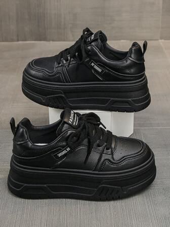 女式厚底运动鞋，纯色系带时尚百搭厚底休闲运动鞋，适合健身