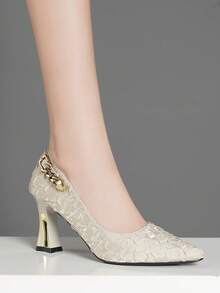 女士时尚搭扣装饰纯色舒适百搭高跟鞋，适合所有季节，优雅，女士浅口鞋，优雅，派对装扮 - 杏色 - 查看 2