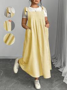 Plus Size Women Striped Dual Pocket Casual Loose Strap Dress Maxi Women Outfit - Yellow - View 1