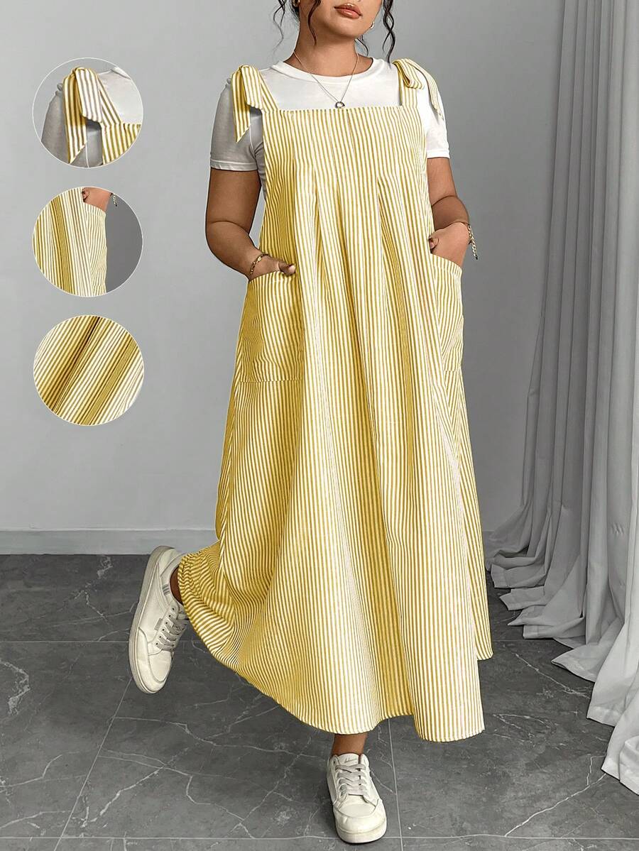 Plus Size Women Striped Dual Pocket Casual Loose Strap Dress Maxi Women Outfit - Yellow - View 1