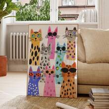 1 件无框时尚奇思妙想猫咪墙壁艺术印刷品酷炫太阳镜猫咪海报，生动的动物插图，现代卧室、宿舍、客厅装饰 | 送给宠物爱好者的礼物，返校礼物，家居装饰，派对装饰 - 彩色 - 查看 5