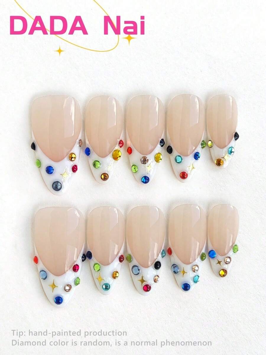 10 Pcs Handmade Press On Nails, Original Design Summer Ice Translucent Small Diamonds Embellishment High Class Feeling Wear Nail, Almond Nails, Long Nails, White Nails, French Tip Nails, Nail Gems Nail Supplies Nails - Multicolor - View 1