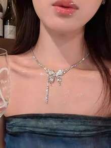 CVNANA 1 pieza Collar femenino de mariposa de perlas falsas dulce y elegante de estilo coreano con cristales, elegante y versátil cadena para la clavícula - Rosa - Ver 9