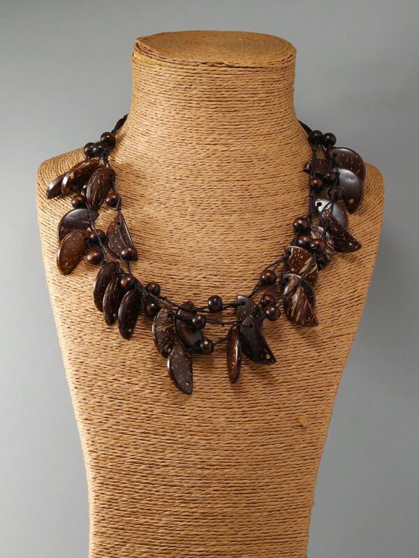 Bohemian Organic Beaded Natural Coconut Shell Necklace - Round Bead Retro Design