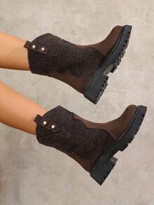 2025 Autumn/Winter New Retro Brown Round Toe Comfortable Versatile Thick Sole Boots For Women, Mid-Calf Pleated Boots, Women's Sizes 35-42, Elegant