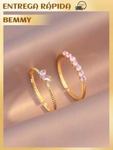 BEMMY 2 Piece Elegant Heart Shaped Ring With Rhinestone, Suitable For Women To Wear Daily And Dinner Parties - 玫瑰金色 - 查看 1