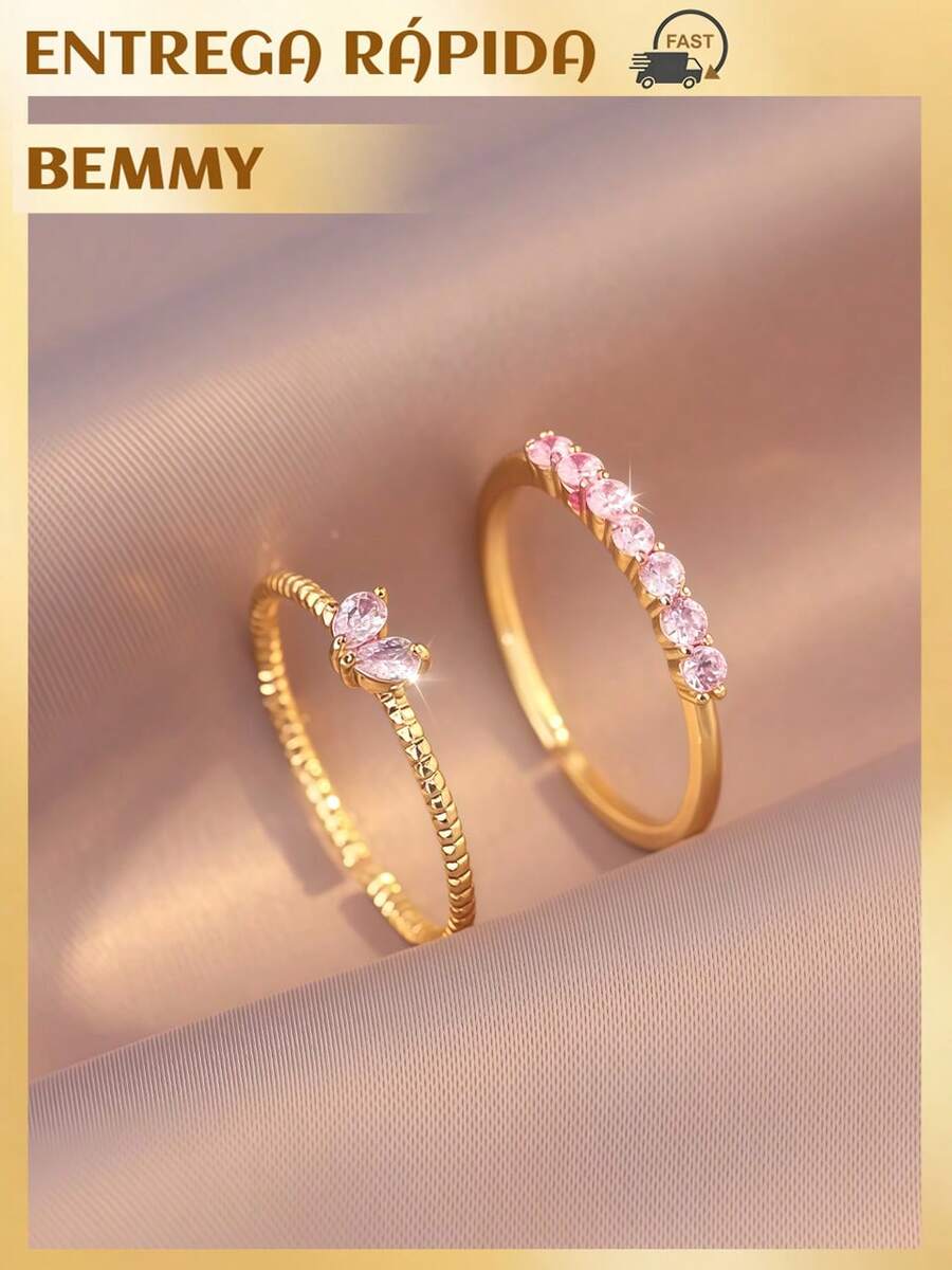 BEMMY 2 Piece Elegant Heart Shaped Ring With Rhinestone, Suitable For Women To Wear Daily And Dinner Parties - 玫瑰金色 - 查看 1