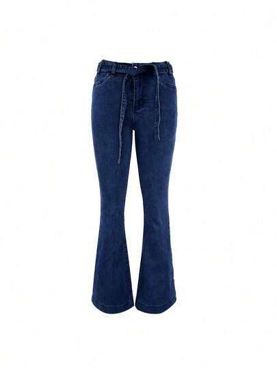 Women's Casual Solid Color Elastic Flare Leg Jeans, Daily Wear Spring