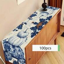 1pc,Table Runner, Thanksgiving Blue And White Porcelain Pumpkin Pattern Printed Linen Table Flag, Home Decor, Suitable For Dining Tables, Universal Seasonal Decoration, Modern Style Washable Table Flag, Heat-Resistant, Stain Resistant, Room Decoration, Table Mat, Kitchen Table Mat, Party Decoration, Home Decoration, Ideal Thanksgiving Gift