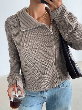 Joy Knit 秋冬毛衣时尚新款 - 返校季 - 简约休闲百搭基本款上衣 - 翻领露肩双拉链针织开衫休闲宽松毛衣 - 女士办公室装 - 外出上衣 - 旅行装机场装