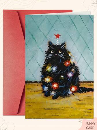 1PC Dreamy Cat Christmas Card With Envelope - Universal Holiday Greetings - Cute Cat Design With Colorful Light Accents - Suitable For Anyone, Perfect For Christmas & Winter Celebrations