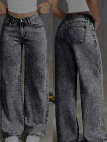 CALCA JEANS FEMININA WIDE LEG GRAFITE MARMORIZADA CINTURA ALTA 100% ALGODAO