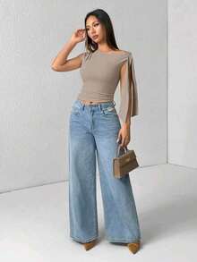 Elegant Suplex T-Shirt Top With Asymmetrical Shoulders And Straps, Ideal For Daily Use, Outings, Nightclubs, Parties, Halloween Costumes - 淺灰色 - 查看 6
