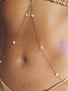 1pc Gold Sexy Bikini Body Chain, Faux Pearl Delicate Waist Chain, Club Party Jewelry For Women - Gold - View 5