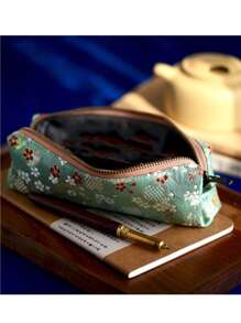 1个大容量铅笔盒，复古提花烫金学生铅笔盒，简约大容量铅笔盒，便携式拉链化妆包，精致学习用品 - 彩色 - 查看 9