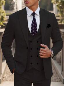 3 Pieces Mens Suit Slim Fit Tuxedos Formal Business Wedding Prom Suit Male Groom Tuxedo, Solid Color, Blazer+Vest+Pant, Modern Fit Wedding Party Dinner Formal, Long Sleeves, Double Breasted, Machine Washable, Spring/Fall - màu đen - Xem 6