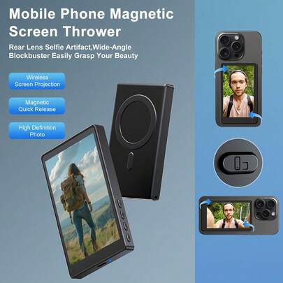 Moniteur selfie pour vlogs, écran HD 1080p sans fil, support magnétique pour téléphone, duplication d'écran sans latence pour le streaming en direct depuis la caméra arrière, idéal pour les créateurs de contenu et les photographes, cadeau de Noël