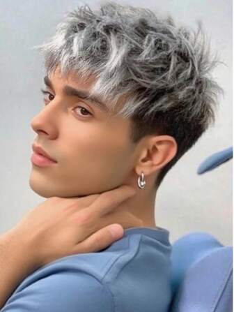 10-Inch Men'S Stylish Short Curly Wig, Silvery Gray With Black Mix, Rose Net Synthetic Fiber, Side Bangs, Heat Resistant, For Daily Wear, Festivals, Halloween, Christmas, Father'S