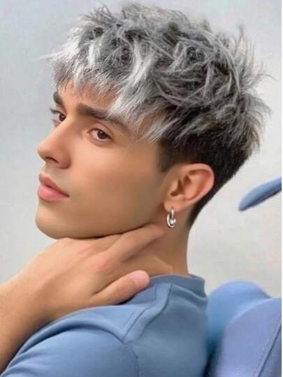 10-Inch Men'S Stylish Short Curly Wig, Silvery Gray With Black Mix, Rose Net Synthetic Fiber, Side Bangs, Heat Resistant, For Daily Wear, Festivals, Halloween, Christmas, Father'S