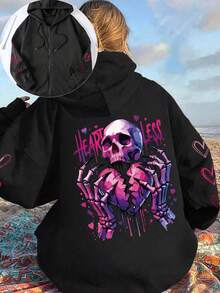 Women's Daily Skull Skeleton Hands Broken Heart HEARTLESS Hearts Pattern Graphic Zip-Up Jacket Hooded Long Sleeve Jacket Casual Spring/Summer/Fall Long Sleeve Tops Women Halloween Going Out Tops Women,Vacation Outfits Women Black Long Sleeve Top,Cute Tops,Crop Top,Tops For Women - Black - View 6