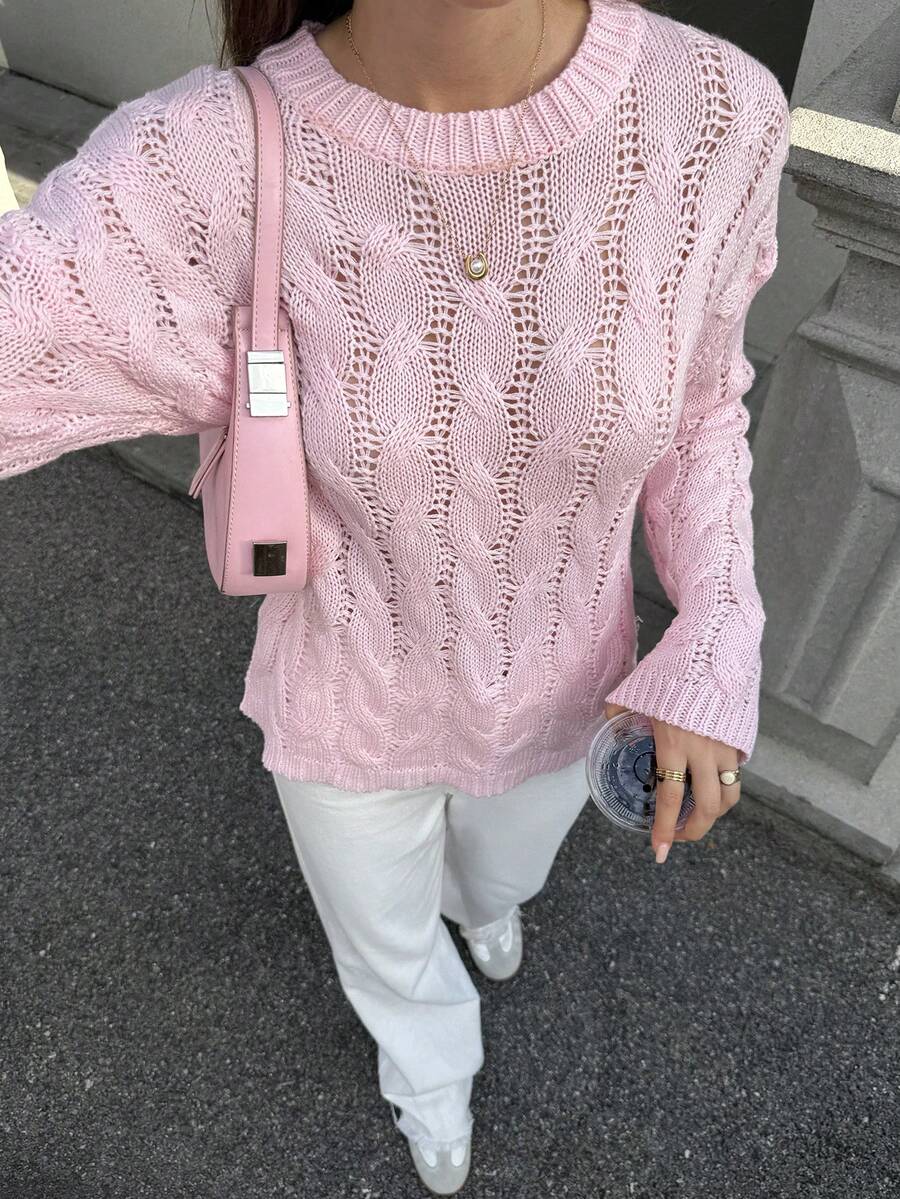 Áo len chui đầu SEREN mùa thu đông cổ tròn khoét rỗng màu hồng mới dành cho nữ, phong cách Hàn Quốc nhẹ nhàng và thanh lịch, đơn giản, giản dị, thích hợp cho hẹn hò, đi chơi, đi làm hàng ngày, áo len siêu mỏng trong suốt, quần áo mùa thu cho nữ, mùa thu sang trọng, ngày lễ tình nhân - Hồng - Xem 1