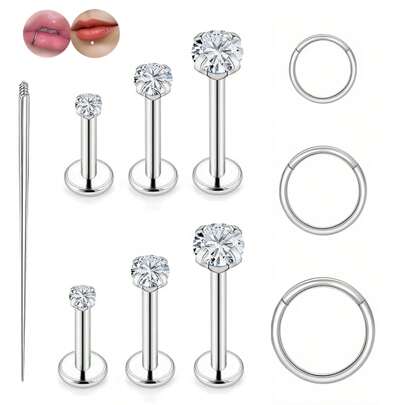 10Pcs 16G Surgical Steel Internal Thread Stud Piercing Jewelry Set Nose Medusa Lip Labret Stud Hypoallergenic Clicker Hoop Septum Rings Cartilage Tragus Helix Conch Earrings For Women Men