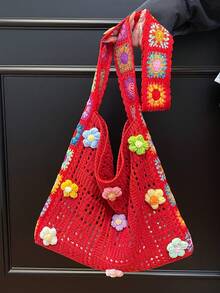 Vintage Hollow Floral Contrast Color Casual Crossbody Bag (Flower Color And Position Random) - Multicolor - View 3