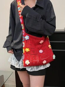 Vintage Hollow Floral Contrast Color Casual Crossbody Bag (Flower Color And Position Random) - Multicolor - View 7