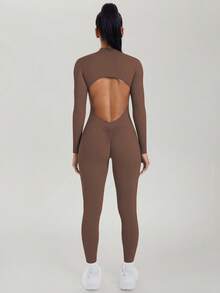 MASKERT Sportswear Jumpsuit, Backless Jumpsuit, Long Sleeve Jumpsuit, Workout Fitness Jumpsuit, Yoga Jumpsuit, Casual Comfortable Shapewear Jumpsuit Spring - Coffee Brown - View 8
