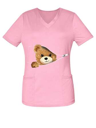 女士时尚短袖 V 领磨砂上衣，3D 可爱熊印花，带口袋的护士制服。