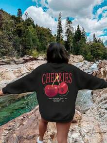 Áo nỉ cổ tròn dài tay họa tiết quả anh đào và khẩu hiệu mùa thu đông dành cho nữ, áo kiểu dáng rộng rãi, thoải mái, đa năng cho ngày lễ, trang phục thời trang mùa thu dành cho nữ, thích hợp mặc hàng ngày - màu đen - Xem 7