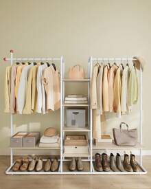 Clothes Rail, Clothes Rack With Shoe Shelf, Heavy-Duty Storage Rack, 6 Storage Shelves, 2 Hanging Rails, Matchstick-Shaped Hooks, Natural Beige And Matte White - White - View 3
