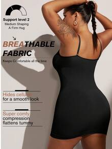 1pc Plus Size Women's Waist Cinching Dress, Seamless Bust & Waist Tie Strap Dress, Plus Size Women's Shapewear Skirt Jumpsuit, Summer - Black - View 5