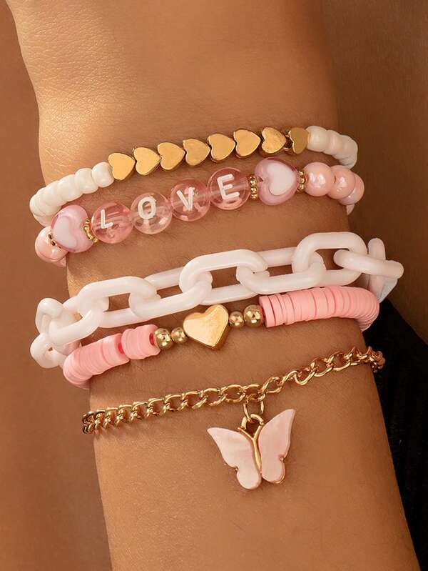 Set de 5 piezas Pulsera con cuentas de corazón y mariposa de arcilla suave rosa, Pulsera con cuentas con letra AMOR