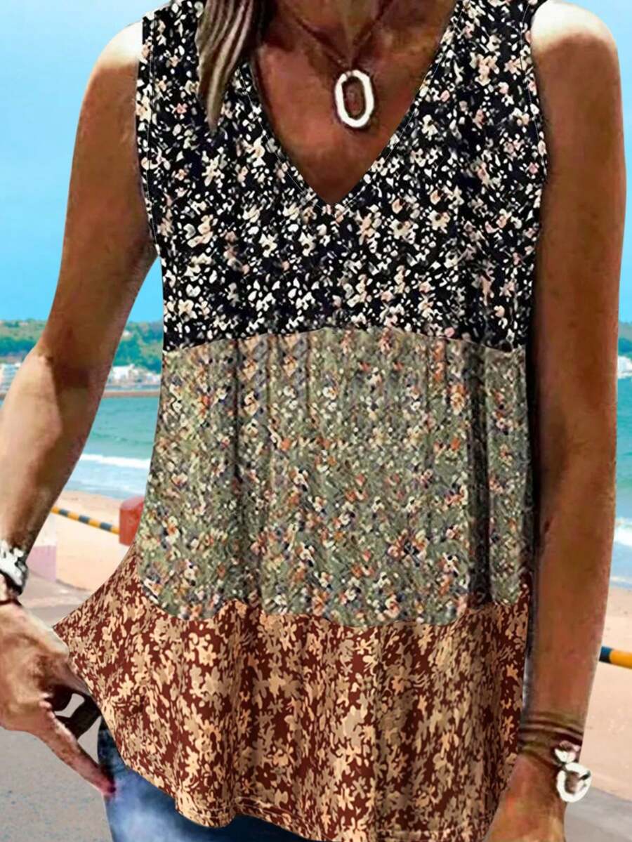 Summer New Color Block Ditsy Floral Fashion Casual Vacation Style Tank Top For Women - màu đen - Xem 1