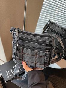 1件装女士休闲牛仔斜挎包，多拉链封口小方包，多口袋休闲单肩包，适合日常使用，经典牛仔风格，绗缝拼接装饰，迷你斜挎包是送给想要更轻便、更方便的女孩的最佳礼物。