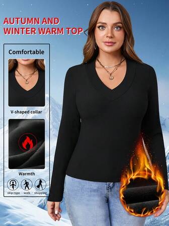 1pc Plus Size V-Neck Long Sleeve Top, Fleece Lined Thick Fabric, Solid Color Casual Slim Fit Versatile Undershirt, Suitable For Outdoor, Yoga, Everyday Wear, Autumn/Winter