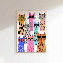 1 件无框时尚奇思妙想猫咪墙壁艺术印刷品酷炫太阳镜猫咪海报，生动的动物插图，现代卧室、宿舍、客厅装饰 | 送给宠物爱好者的礼物，返校礼物，家居装饰，派对装饰 - 彩色 - 查看 4