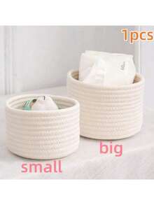 1个小麻绳收纳篮，手工制作的小物品收纳盒，桌面收纳篮收纳篮手工编织收纳盒可折叠收纳盒，适用于卧室，办公室，教室，浴室，桌面抽屉收纳盒摆件，多功能收纳盒 - 白色 - 查看 10