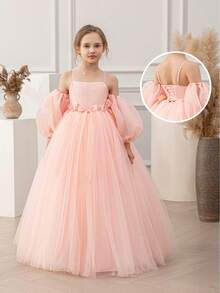 少女泡泡袖细肩带蝴蝶结装饰网眼公主裙，适合生日派对、花童、婚礼、舞会、节日场合