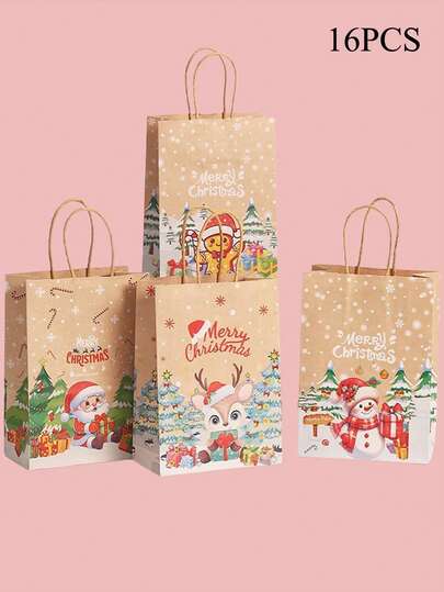5/16 件卡通圣诞老人圣诞元素牛皮纸礼品袋带手柄，包括圣诞老人、驯鹿、圣诞树、圣诞元素图案，适合圣诞派对、平安夜、庆祝派对、生日、商务购物、派对回礼、毕业季 - 彩色纸袋礼品，适合圣诞节、感恩节、新年等节日主题