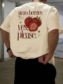 PLUS SIZE Strawberry Fruit Tee Casual Top , Men's Double-Sided Printed Fashionable Casual Crew Neck 220gsm Pure Cotton T-Shirt(1 PC) - Màu be - Xem 1