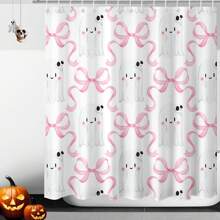 Pink Halloween Shower Curtain For Bathroom, Cute Bow Skull Ghost Shower Curtain Halloween Bathroom Decor Waterproof Fabric Bath Curtain With 12 Hooks - 36x72inch, 48x72inch, 60x72inch, 66x72inch - 粉色 - 查看 3