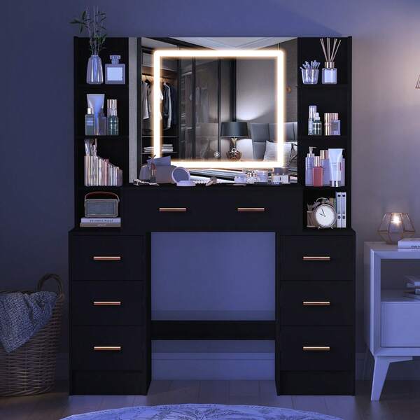 Makeup Dressing Table With Mirror, 7 Drawers & Storage Shelves, 3 Color Modes & Adjustable Brightness LED Mirror, Bedroom Furniture, Great Christmas Or Halloween Gift For Women And Girls ﻿