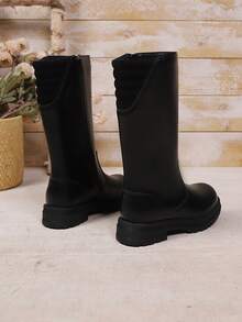 Factory Girls' PU Solid Color Tall Soft Bottom Comfortable Fashion Flat Boots, Solid Color Classic Tight-Fitting Elegant Non-Slip Durable Tall Boots, Suitable For Spring, Autumn, Winter Parties And Gatherings, Suitable For Outdoor, Daily Outdoor Walking High-Top Casual All-Match Boots