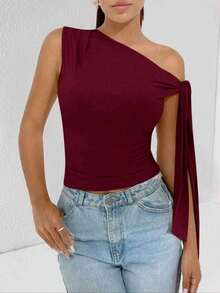 Elegant Suplex T-Shirt Top With Asymmetrical Shoulders And Straps, Ideal For Daily Use, Outings, Nightclubs, Parties, Halloween Costumes - 酒紅色 - 查看 3