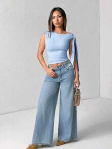 Elegant Suplex T-Shirt Top With Asymmetrical Shoulders And Straps, Ideal For Daily Use, Outings, Nightclubs, Parties, Halloween Costumes - 淺藍色 - 查看 1