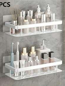 1pc/2pcs Wall Mounted Shower Rack, Large Capacity, Aluminum Alloy, No Drilling Required For Installation, Stick-On Bathroom Shower Rack, Floating Shelf For Bathroom And Kitchen, Storage Rack, Space Saving, Easy To Install, For Storing Toiletries, Cosmetics And Sundries, Toilet, Bathroom, Dressing Table, Shower Room Bathroom Accessories Bathroom Tools