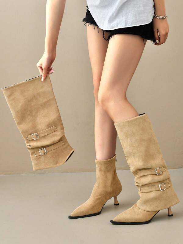 2025 Autumn/Winter New Suede Pointed Toe Pleated Stacked Heel Boots, Women's Detachable Tall Boots & Short Boots With Thin Heels