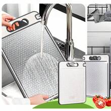 优质不锈钢切菜板，双面厨房砧板，内置磨刀器和蒜泥器，防滑硅胶包裹，可用洗碗机清洗，最佳礼物之选 - 米色 - 查看 2